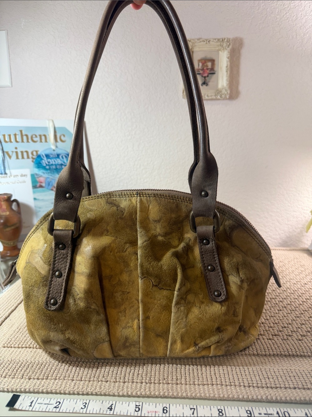 Vintage Vin Baker Made in USA Distressed Suede Leather Satchel Shoulder Bag